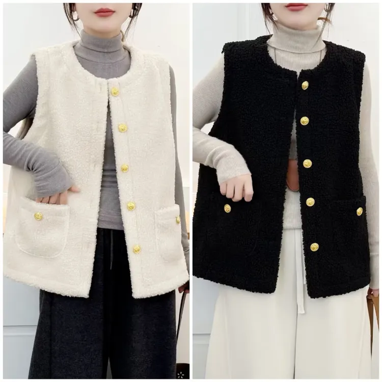 2025大码加绒加厚款马夹南瓜彩扣丝绒马甲气质洋气上衣