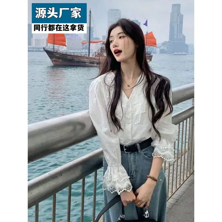 梵乐芬法式蕾丝花边衬衫女白色2025春秋新款设计感小众宽松长袖衬
