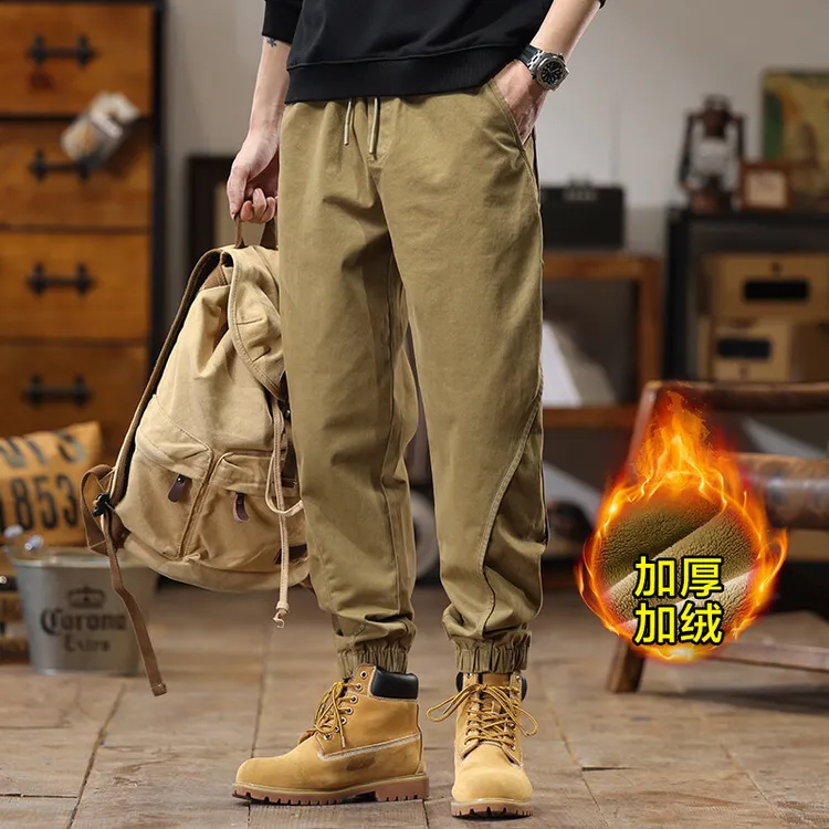 美式拼接工装裤男士秋冬季潮牌宽松直筒束脚大码加绒哈伦休闲裤子