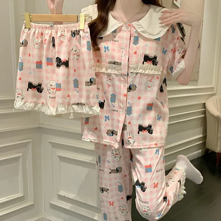 带胸垫田园风三件套短袖娃娃领睡衣夏季公主风甜美套装KAt家居服