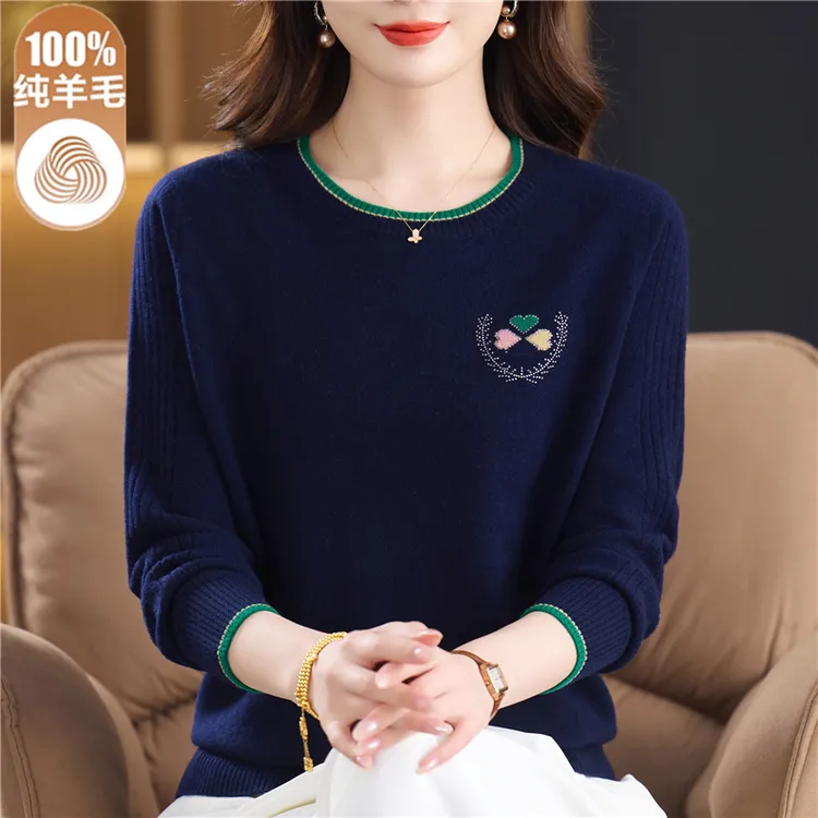 妈妈秋冬新款100%纯羊毛衫圆领毛衣中老年女装大码宽松打底衫厚