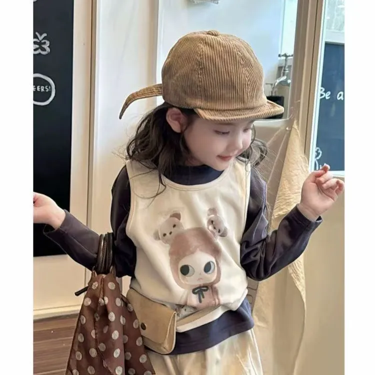 女童套装2025夏季新款儿童韩版长袖T恤卡通背心女宝工装裤三件套