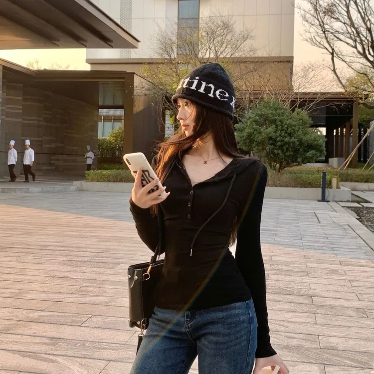 【大码可穿到200斤】简约美式辣妹修身显身材连帽收腰早秋内搭长袖