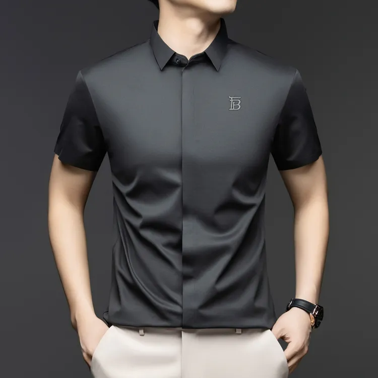 奥莱撤柜【专柜正品】夏季暗门襟桑蚕丝无痕衬衫男亲肤透气吸汗衬衣