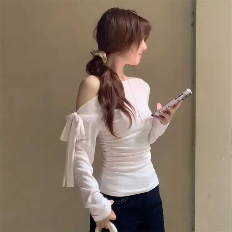 （有运险）1203-条纹斜肩长袖T恤女秋修身显瘦纯欲打底绑带露肩上衣