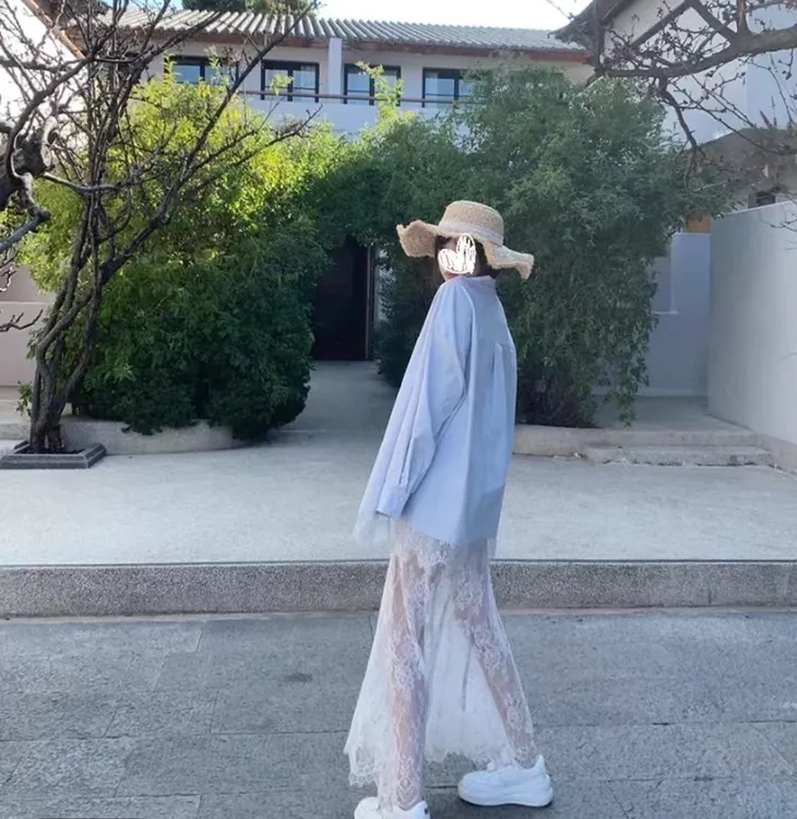 【冰岛慕斯】宽松百搭时尚衬衫/显瘦长款蕾丝半身裙