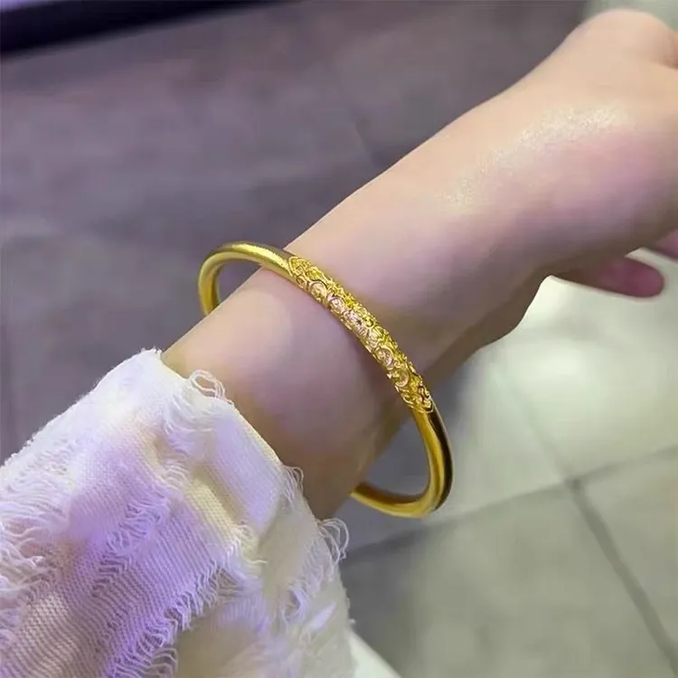 铜合金手镯 传承镯子【紫荆花卷草纹手镯饰品】国风金色精美素圈