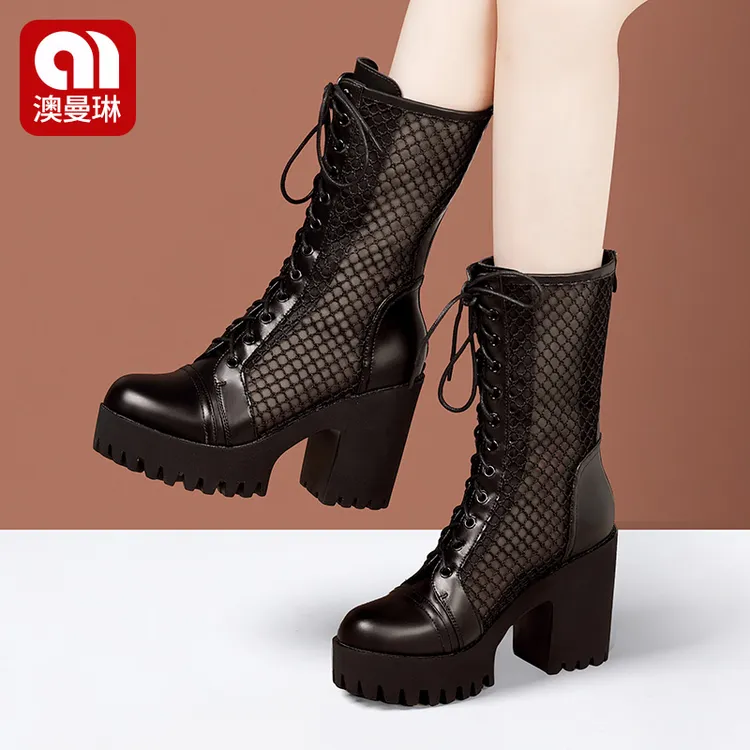 澳曼琳软皮真皮高跟网纱马丁靴厚底时尚粗跟镂空中筒时装网靴百搭