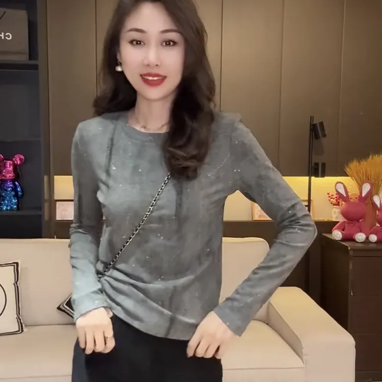 长袖吸汗老钱风常规圆领T恤法式防静电修身型