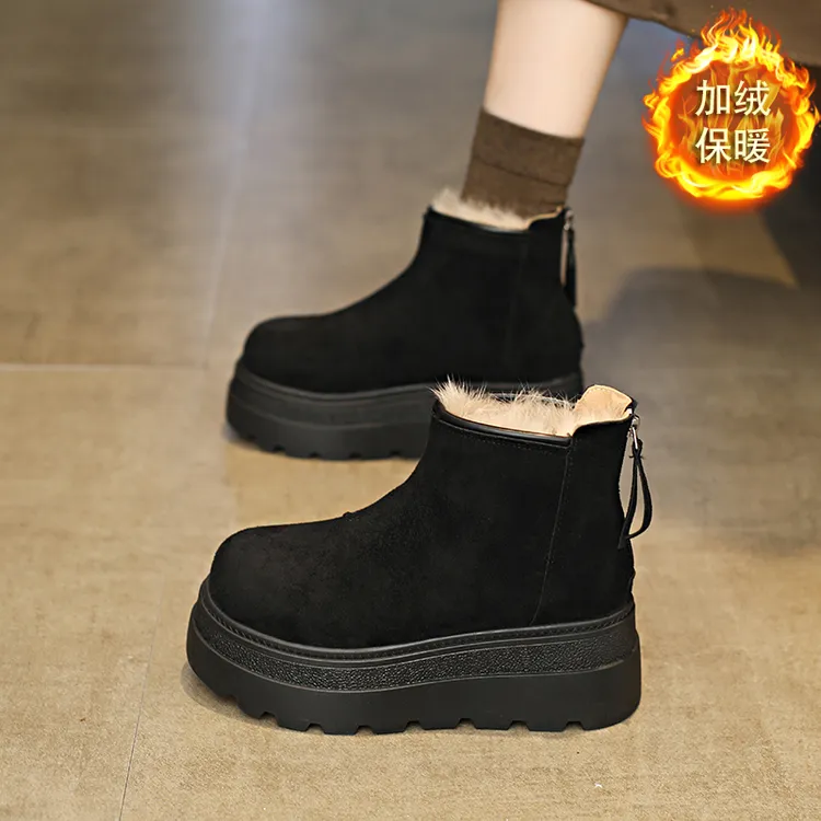 高腰棉鞋女小个子厚底增高短靴2025冬季新款带拉链反绒皮雪地棉靴
