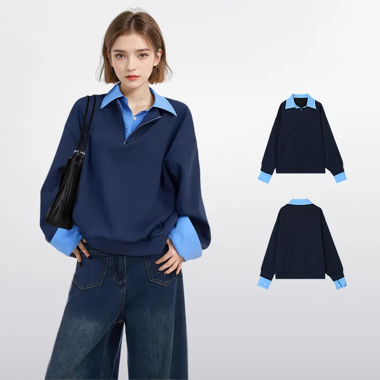 藏蓝色假两件polo翻领衬衫卫衣女春秋款秋冬套头美式无帽长袖上衣