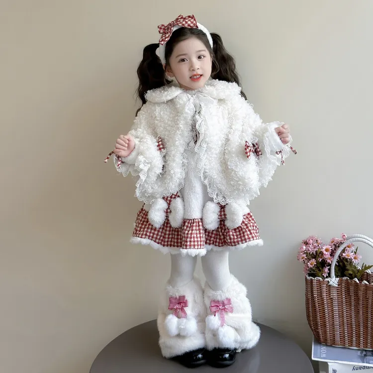 女童格子猫咪吊带裙秋冬款毛毛衣披肩斗篷甜美可爱儿童保暖冬装