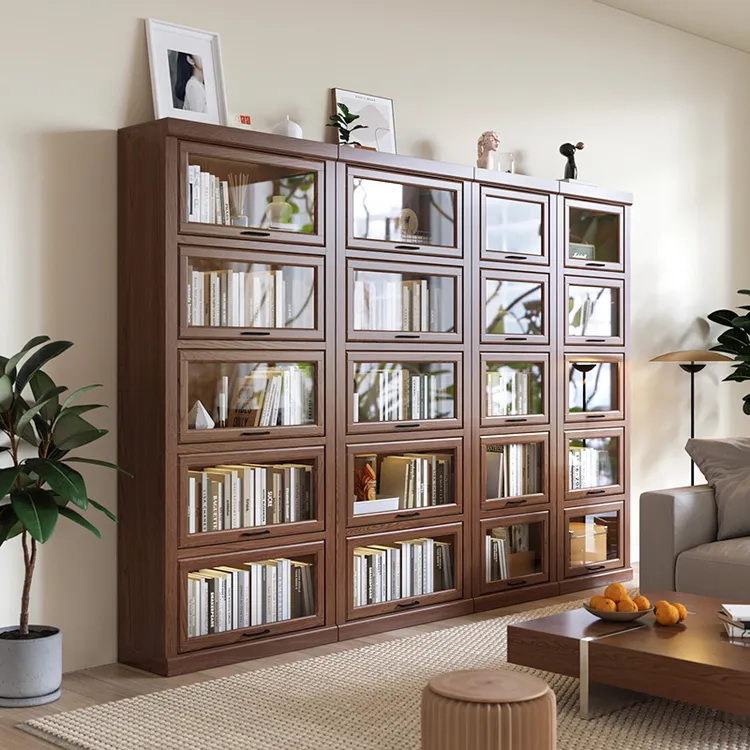 2201实木书柜带玻璃门客厅收纳柜落地组合书橱简约现代转角储物柜