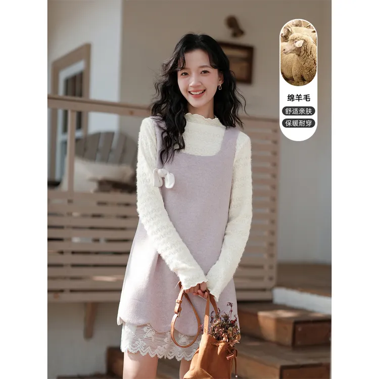 木易易紫色小香风毛呢连衣裙套装女冬季小个子拼接蕾丝花边背心裙