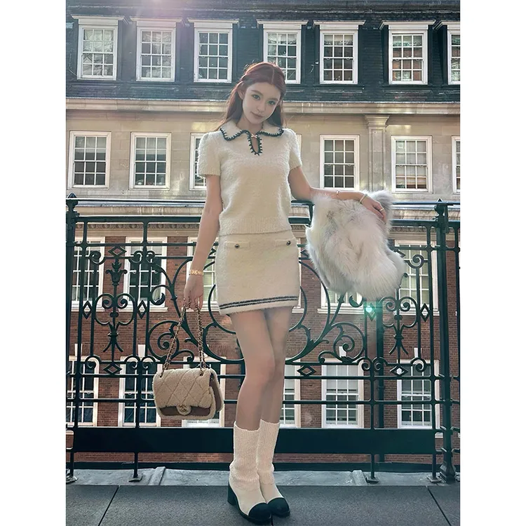 富家小千金轻奢翻领短袖针织衫上衣女冬季高腰包臀短裙两件套1182