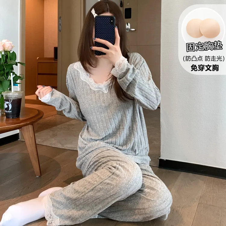 睡衣女春秋款带胸垫甜美长袖2025新款防凸点花边少女家居服套装