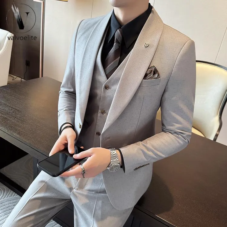 设计感青果领痞帅新郎结婚礼服男修身西服三件套潮流休闲西装外套