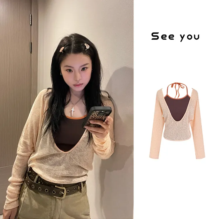 假两件拼接挂脖长袖罩衫设计感撞色防晒百搭上衣X3683  