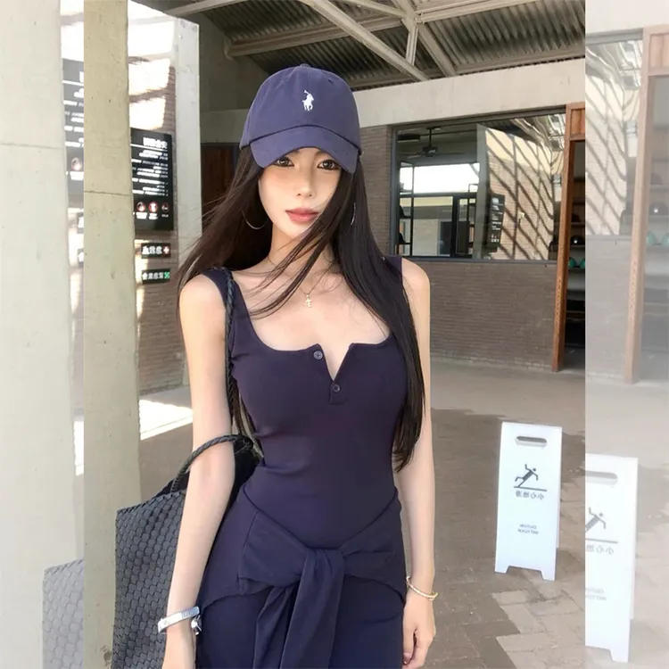 纯欲半开领绑带收腰无袖连衣裙女夏季辣妹修身背心包臀裙别致长裙