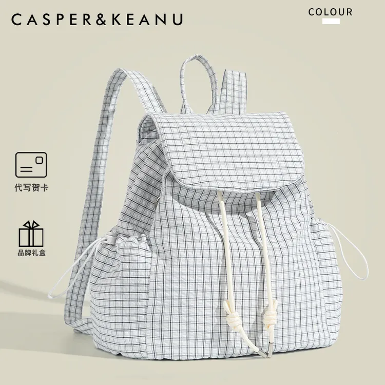 CASPER&KEANU小众设计感格纹双肩包女2025新款学院风百搭休闲背包