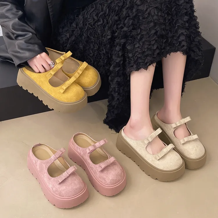 厚底勃肯鞋女2025夏季新款百搭蝴蝶结包头半拖鞋小个子增高凉拖鞋