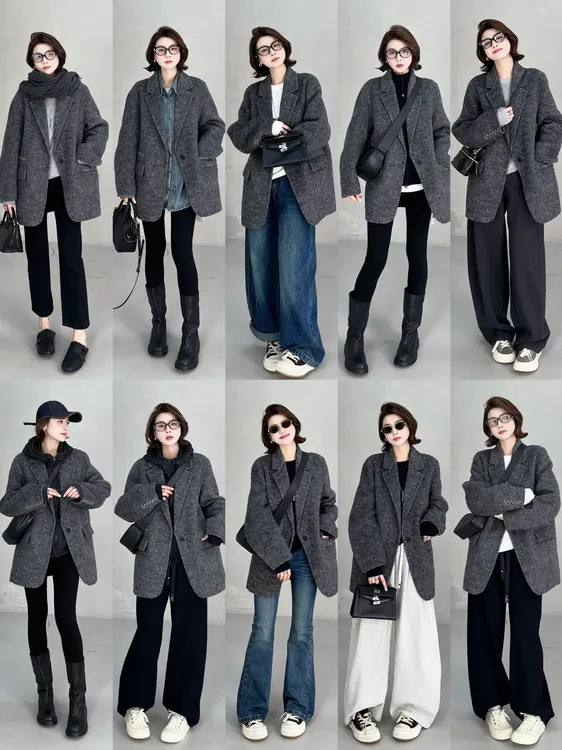 月月 2025秋冬新款极简明线刺绣经典休闲宽松澳毛外套 2510C6550