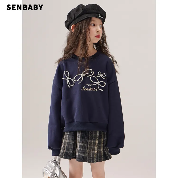 【现货抓绒内里】senbaby女童卫衣钉珠蝴蝶结上衣格子半身裙套装