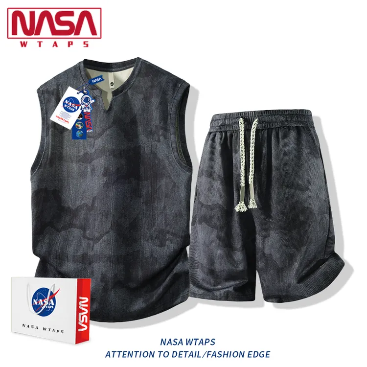 NASA WTAPS扎染无袖背心套装男款夏季冰丝薄款渐变短袖短裤两件套