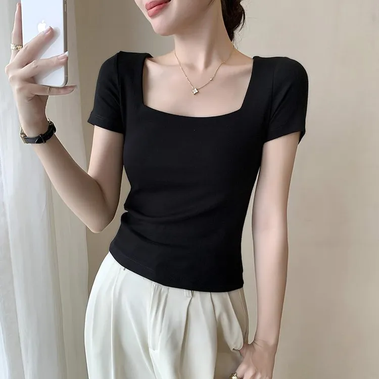 2025夏季新款方领修身弹力纯色T恤韩版纯色气质针织显瘦短袖上衣