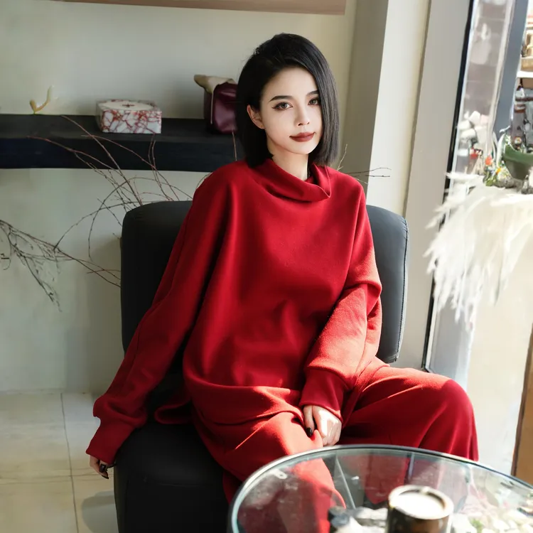 POPULARYW【桃喜】休闲风慵懒荡领上衣冬季松紧腰裤子加绒纯色套装