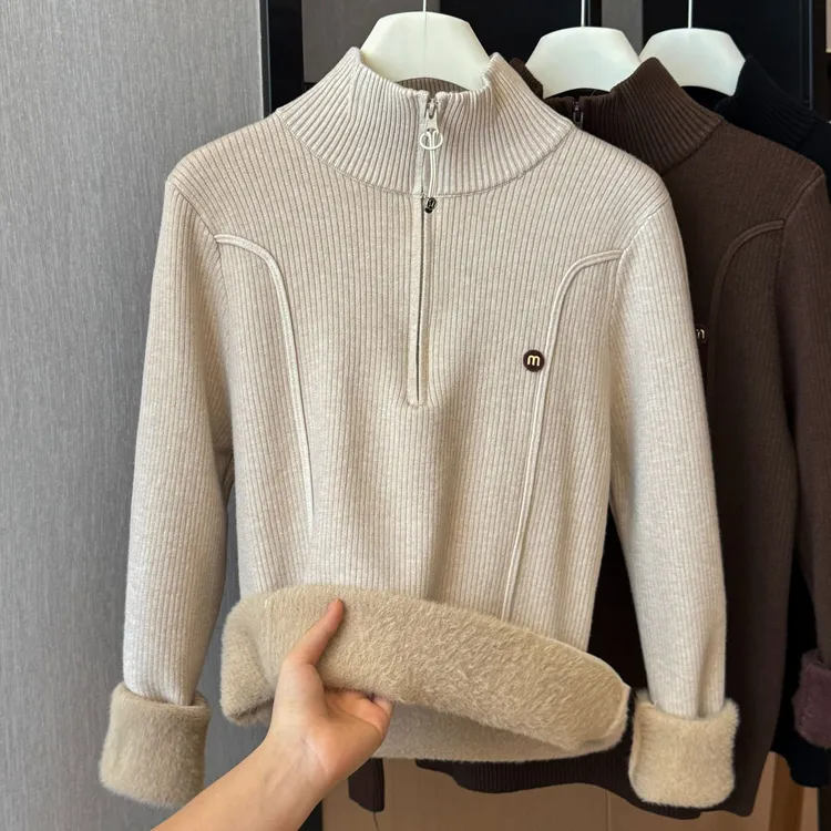 2025秋冬新款一体绒出色半开领针织毛衣加绒加厚拉链保暖内搭上衣