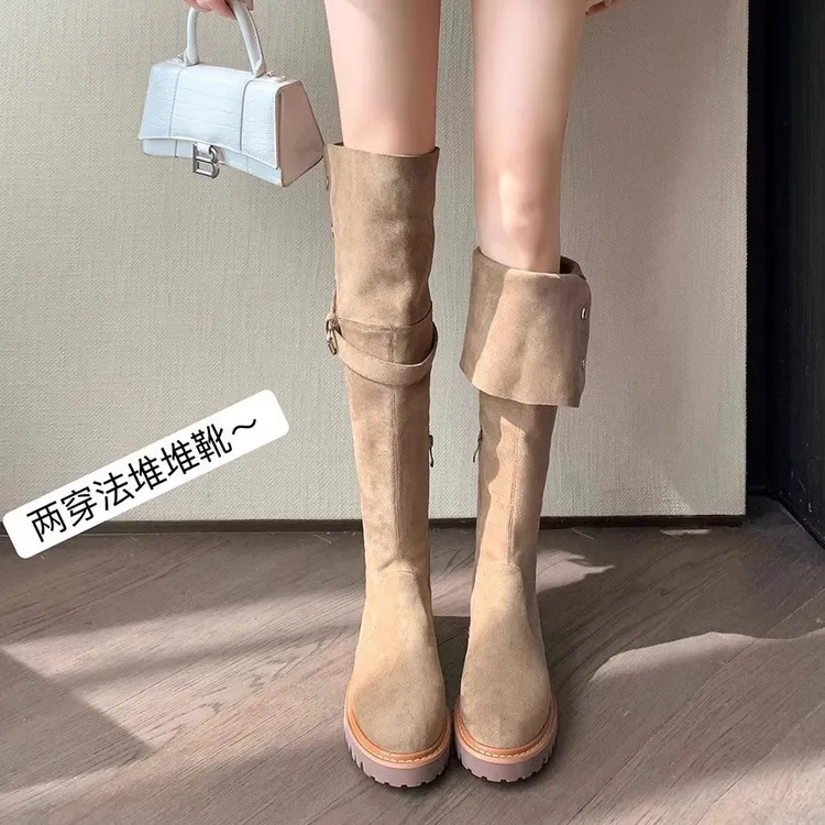 过膝长靴女2025秋冬新款增高显瘦美拉德长筒靴平底两穿绒面高筒靴