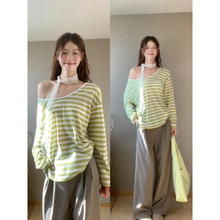 慵懒舒适风两件套装早秋季新款绿色条纹斜肩上衣宽松显瘦阔腿裤子