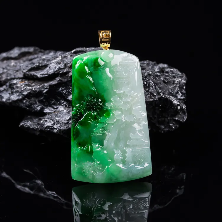 缅甸翡翠吊坠飘阳绿山水牌挂件18k金扣头镶嵌天然A货翡翠