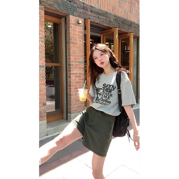 美式t恤女短袖夏季2025新款爆款宽松体恤女小衫上衣短裤套装