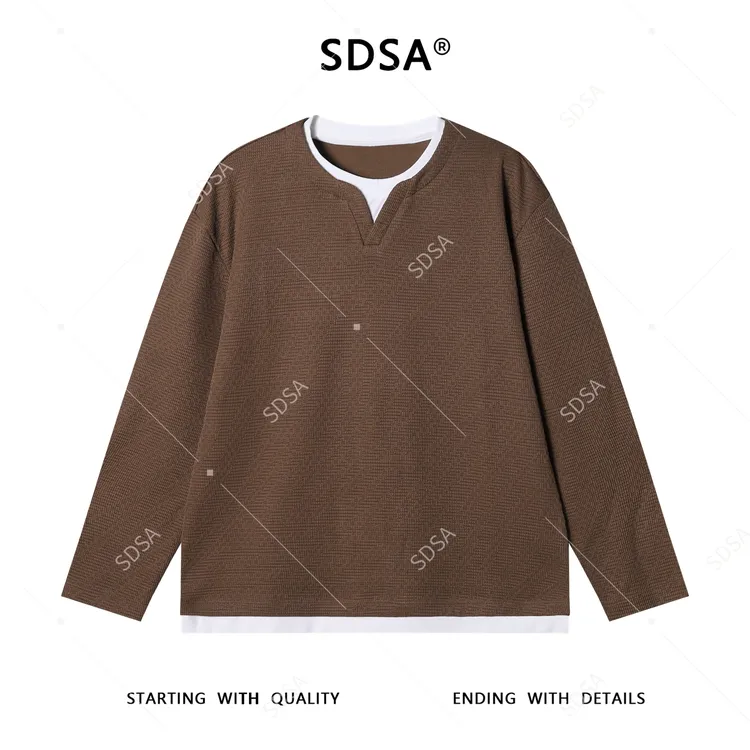 SDSA男士秋冬新款痞帅男装设计师撞色肌理感假两件长袖T恤百搭潮