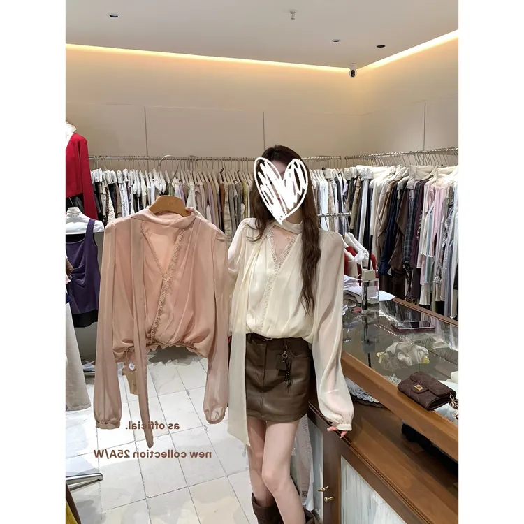 法式V领蕾丝系带长袖雪纺衫女春秋新款衬衫气质垂感显瘦百搭上衣