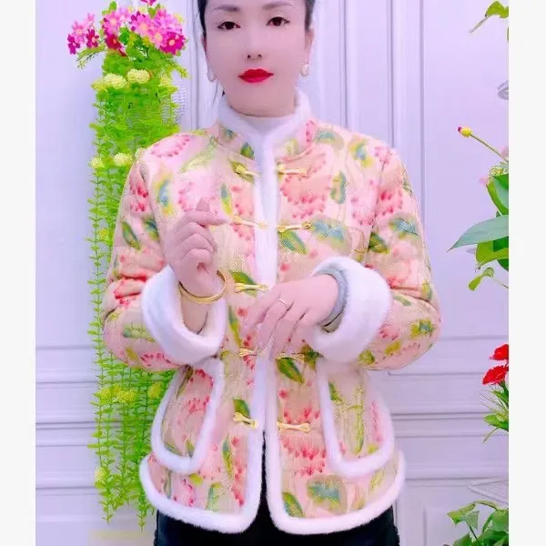 厚款印花植物花卉棉衣宽松型保暖立领常规袖棉服长袖