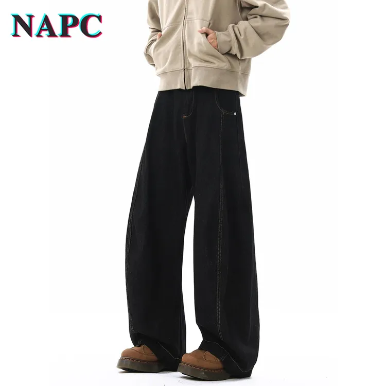 NAPC美式丹宁黑色弯刀阔腿牛仔裤男潮牌宽松高级感直筒拖地长裤子