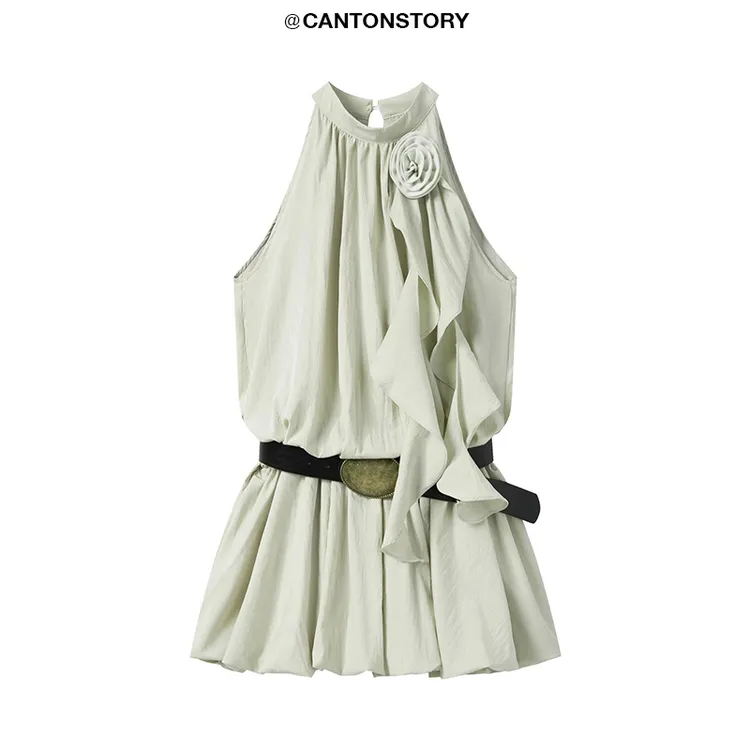 羊城故事 法式胸花挂脖连衣裙 Y2504x配皮带飘带胸花连衣裙xS8099