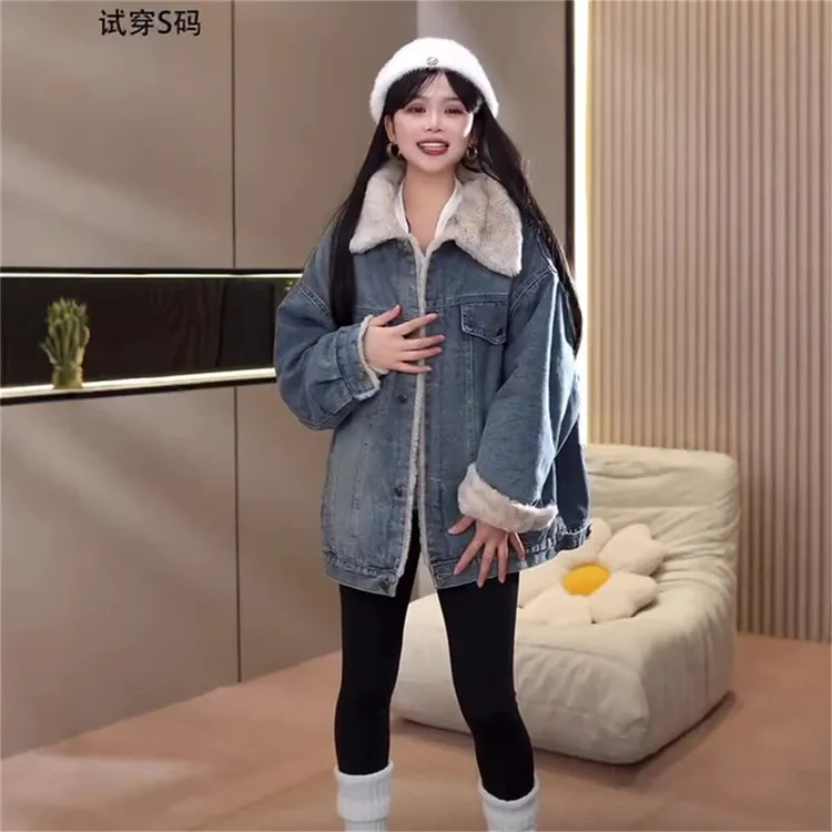 加绒加厚牛仔棉服外套女秋冬季2025韩新款宽松派克服百搭复古港味