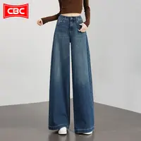 CBC高端复古蓝宽版阔腿牛仔裤女2025新款秋轻奢慵懒风大脚拖地裤