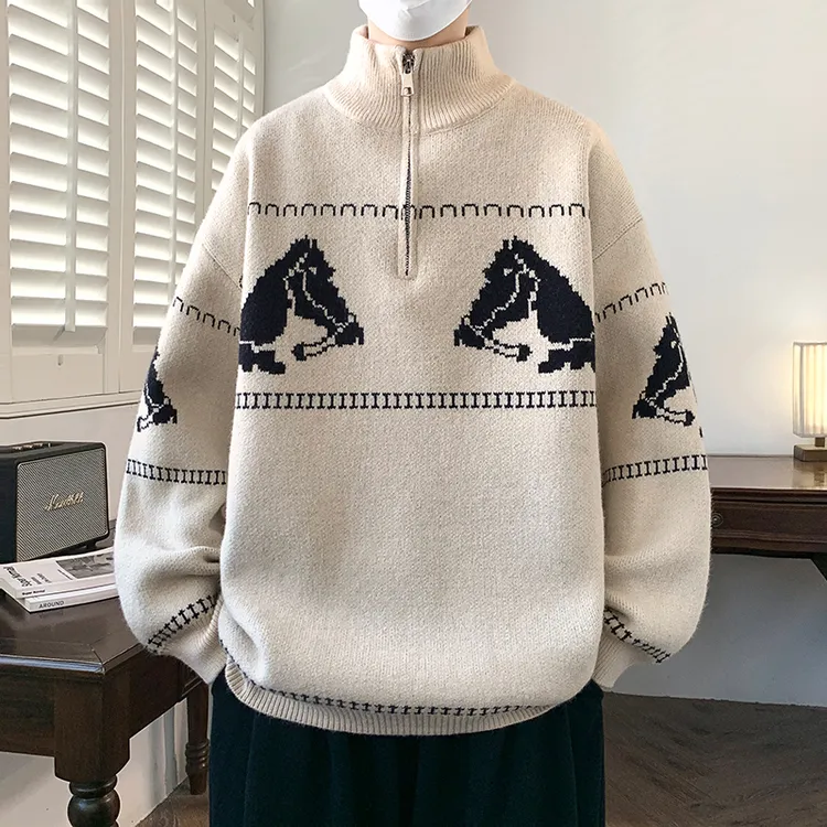 秋冬季新款男女提花内搭打底针织衫半高拉链领套头青少年高领毛衣
