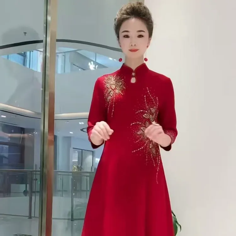 2313酒红喜妈妈宴会婚礼生日日常旗袍气质高贵中长款
