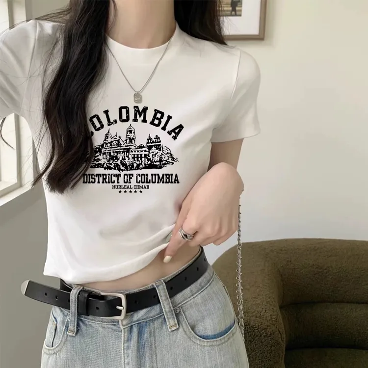 正肩短款T恤女2025夏季纯欲短袖宽松正肩上衣小众显瘦体t恤黑白