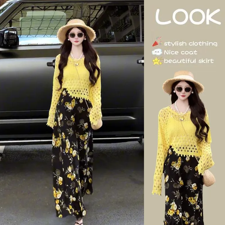 夏季休闲气质套装女镂空针织防晒上衣碎花半身裙两件套女装设计感