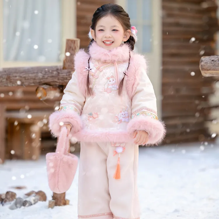 【小粉团】汉服女童冬装25中国风粉色套装女孩古装过年唐装拜年服