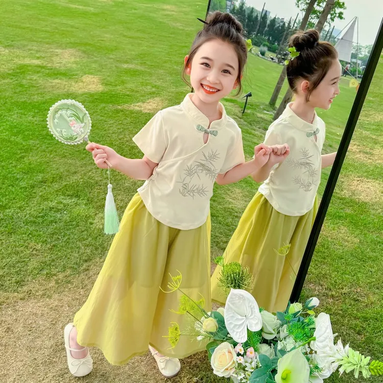 女童新中式套装2025夏季新款国风阔腿裤盘扣超仙夏款女孩短袖唐装
