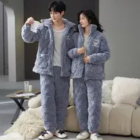 秋冬季2024年情侣款加绒加厚三层夹棉睡衣保暖长款可外穿家居服