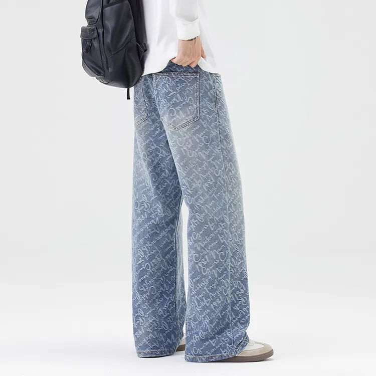 牛仔裤男提花满印秋季休闲牛仔裤美式裤子男士潮牌痞帅直筒阔腿裤
